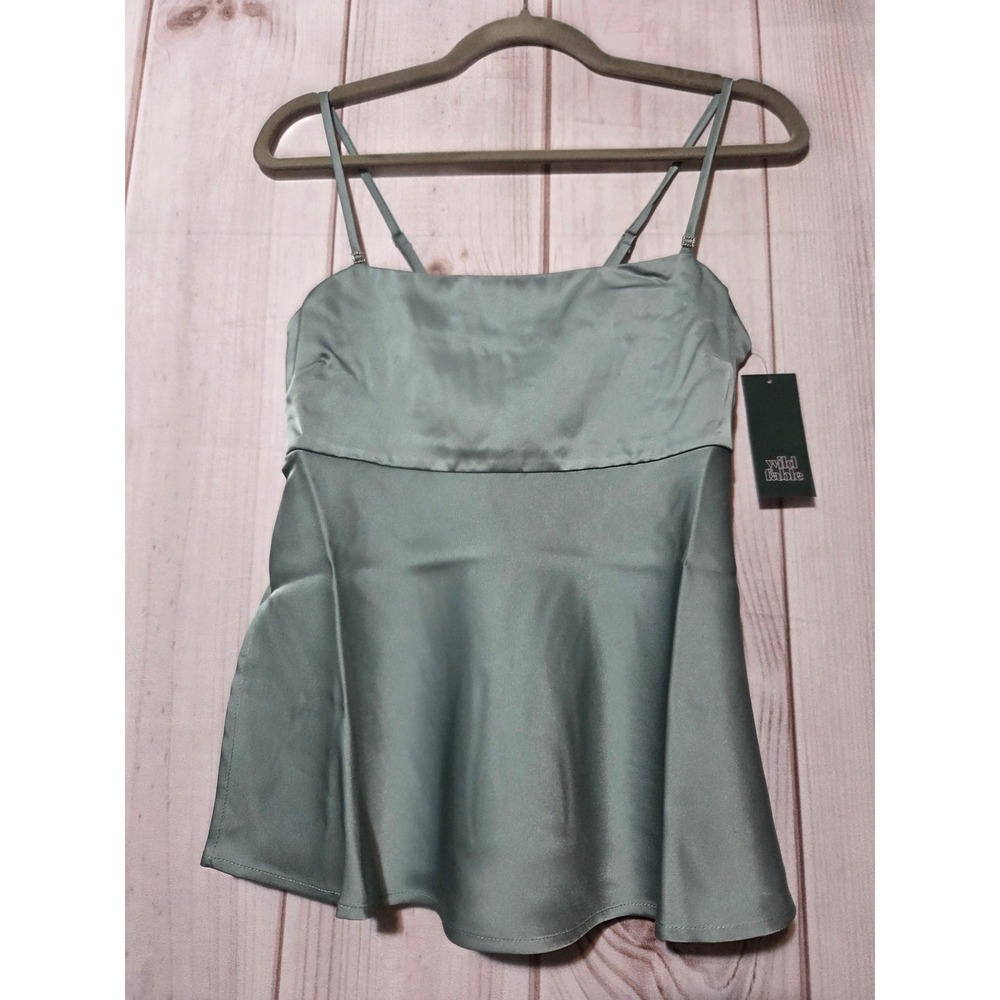 Wild Fable Women XS Sage Green Satin Camisole Top Rhinestone Straps Peplum New